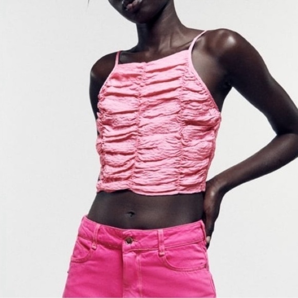 Zara Pink Draped Ruched High Neck Crop Top NWT - Picture 4 of 8